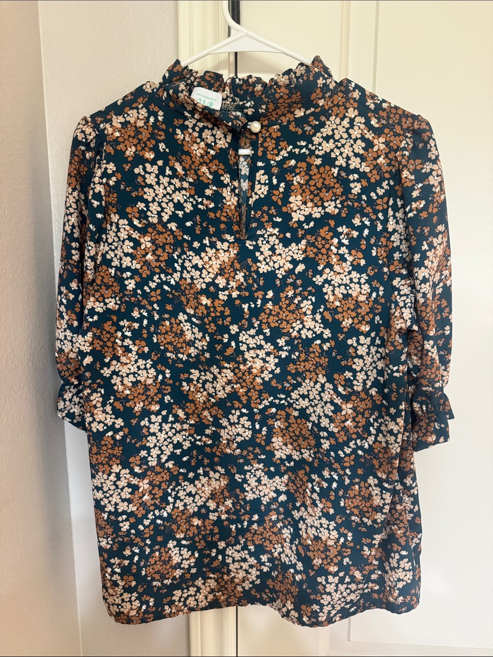 Teal Floral Ruffle Neck Blouse - Brown & White Print - Picture 4 of 4